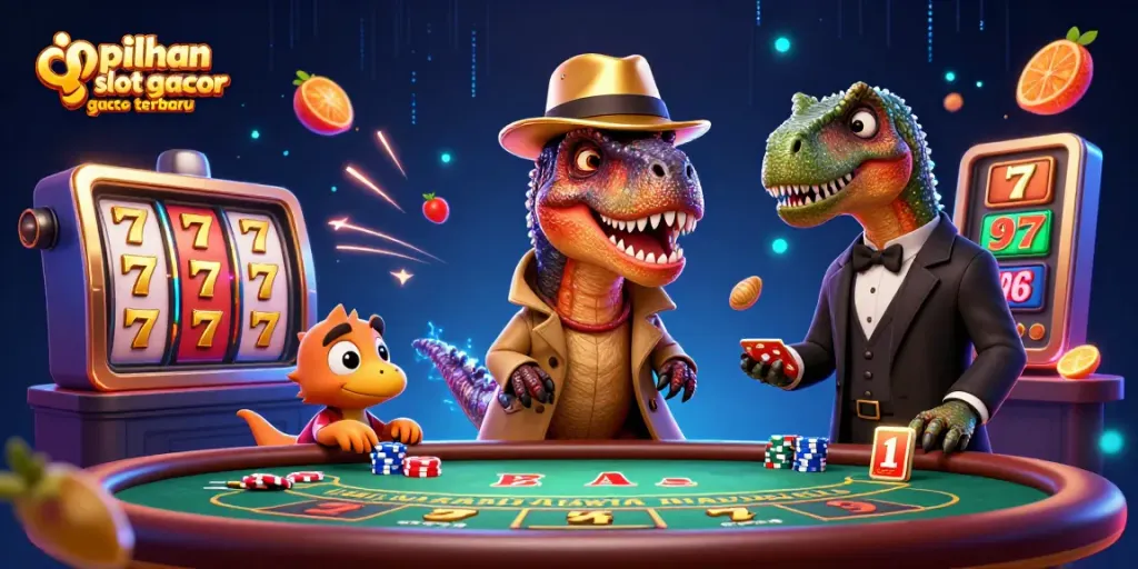 Melihat pilihan slot gacor terbaru di meja judi dengan simbol keberuntungan dan suasana kasino yang ceria.