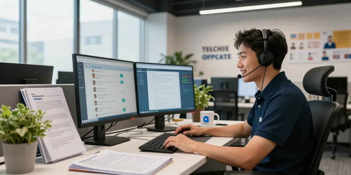 Telus-Technical-Support technician assisting customers in a modern office setting.