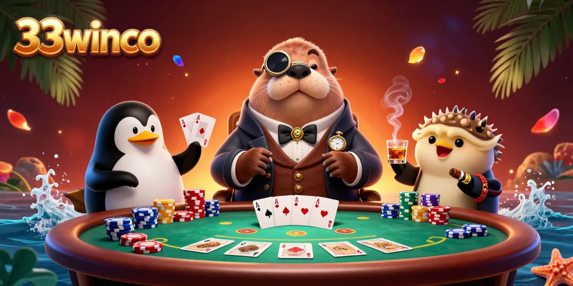Experience thrilling poker action at 33winco with a walrus, penguin dealer, and pufferfish player.