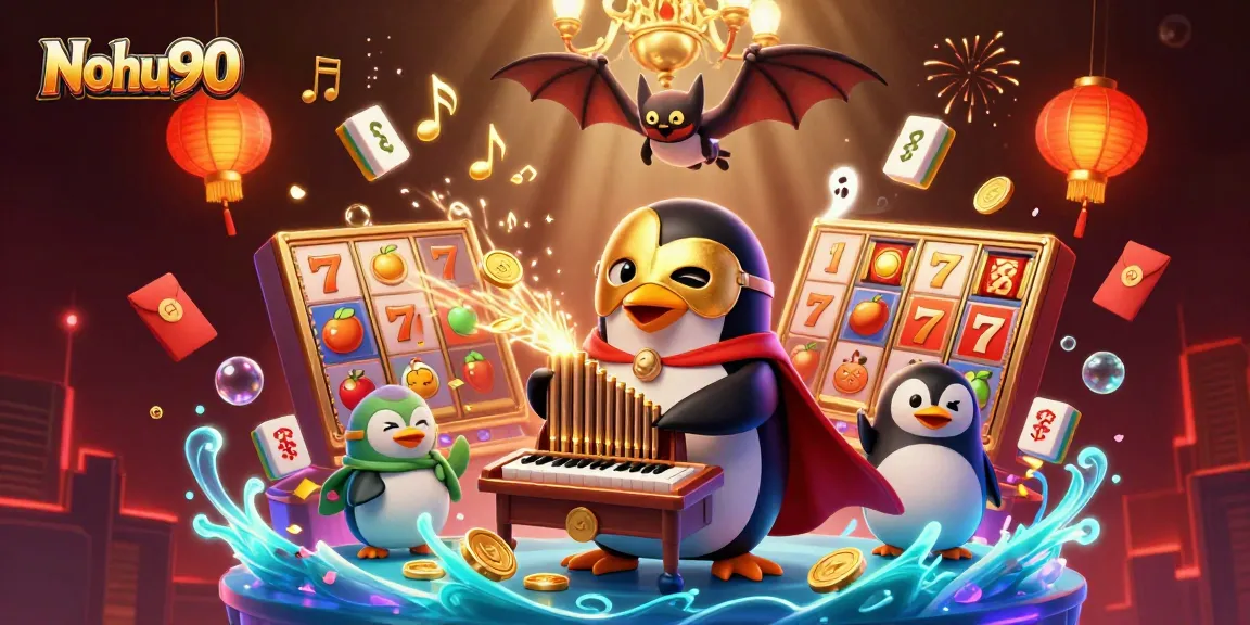 Nohu90 engages players with a captivating illustration of the penguin character amidst vibrant casino elements.