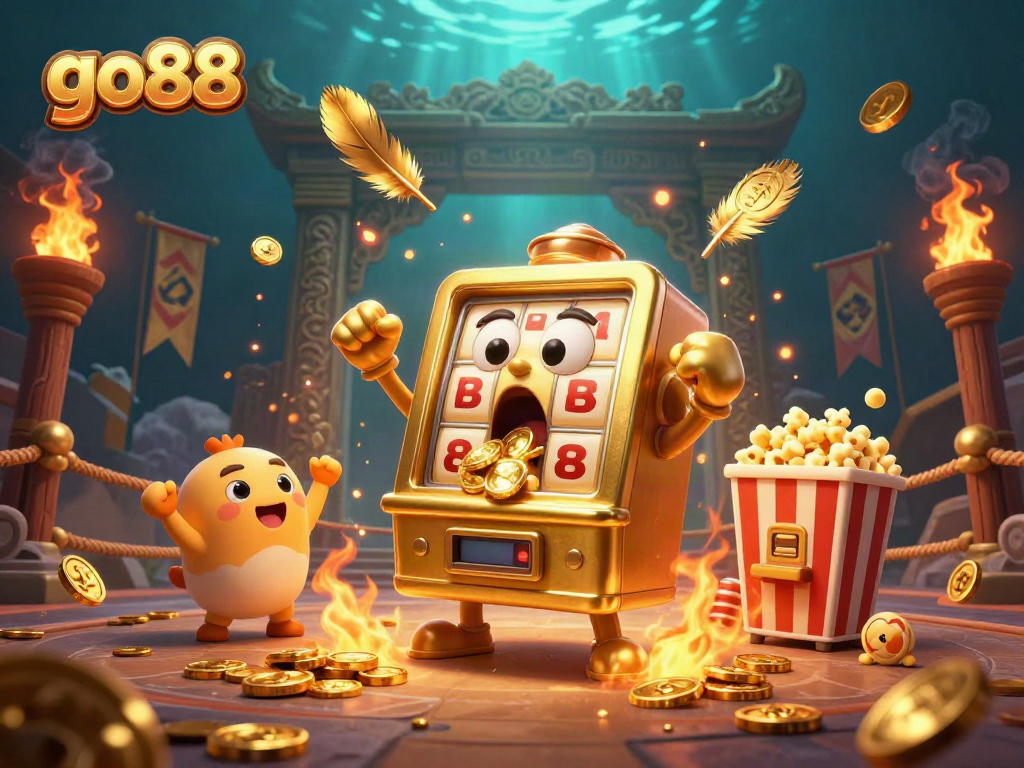 go88 slot machine celebrating a jackpot amidst golden coins and vibrant casino elements.