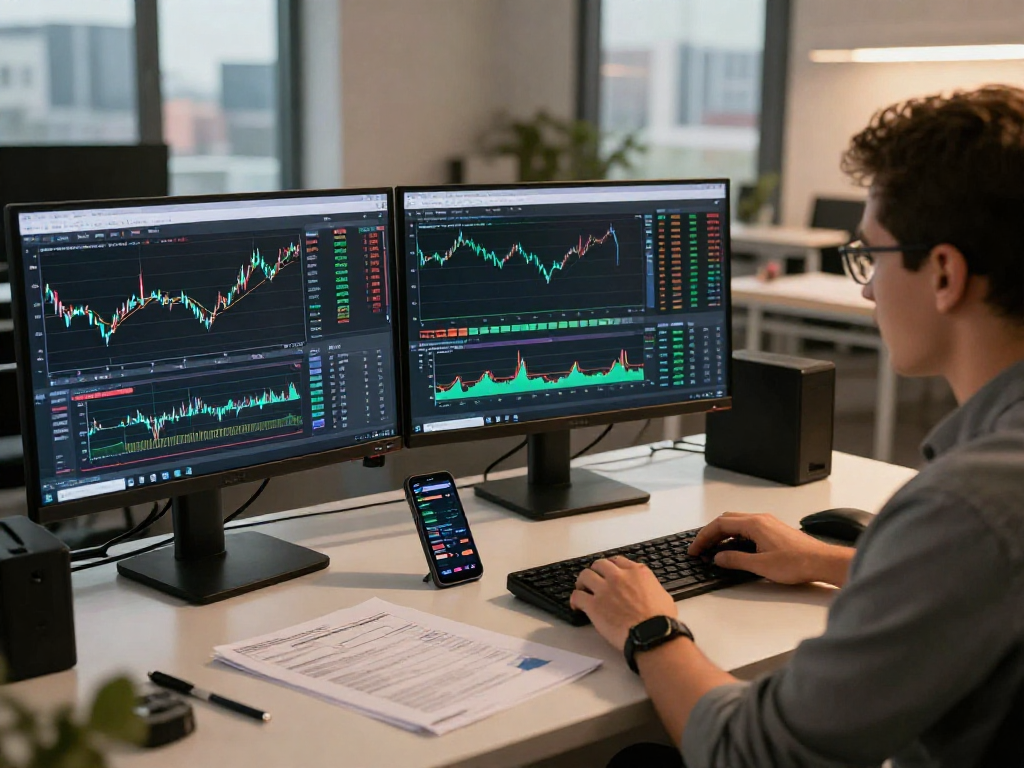 交易者在专业工作环境中使用metatrader 5进行金融分析，多个显示屏展示市场数据和交易图表。