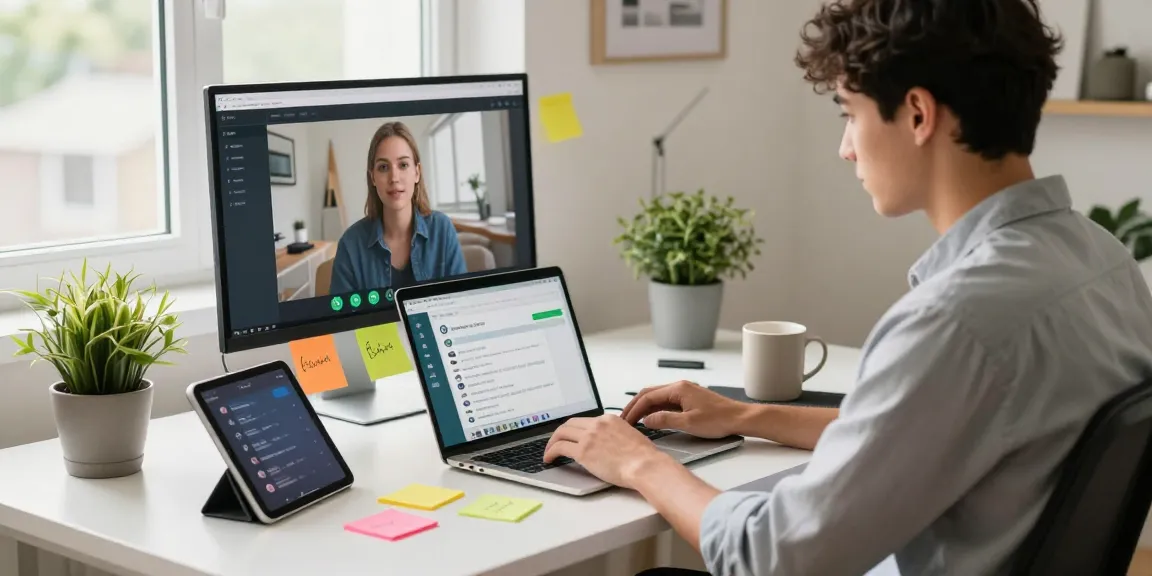 A professional using WhatsApp網頁版 on a laptop in a bright home office.