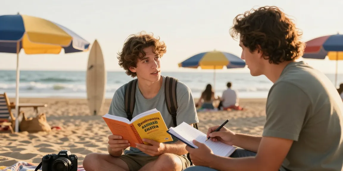 Corsi di spagnolo in Spagna, studenti che apprendono lo spagnolo con un tutor su una spiaggia panoramica.