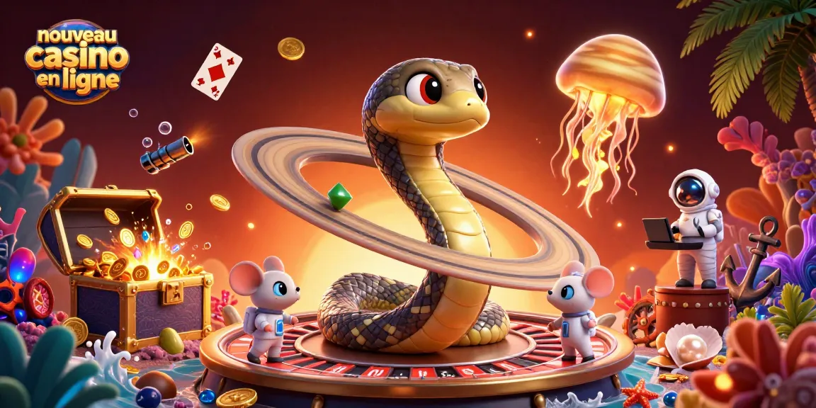 Plongez dans l'univers du nouveau casino en ligne avec ce serpent de Saturne jouant à la roulette, entouré de trésors sous-marins.
