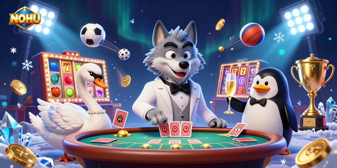 NOHU casino scene featuring a debonair wolf, swan dealer, and penguin sommelier surrounded by slot reels and sports balls.
