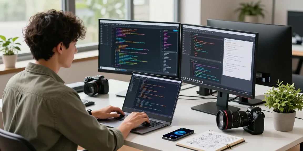 Engaged developer using 纸飞机中文版 on dual monitors in a modern workspace.