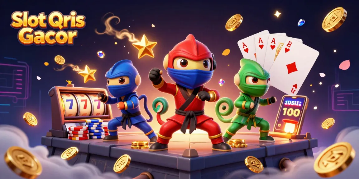 Experience thrilling action with Slot Qris Gacor as chameleon ninjas battle amidst cascading coins and vibrant casino elements.