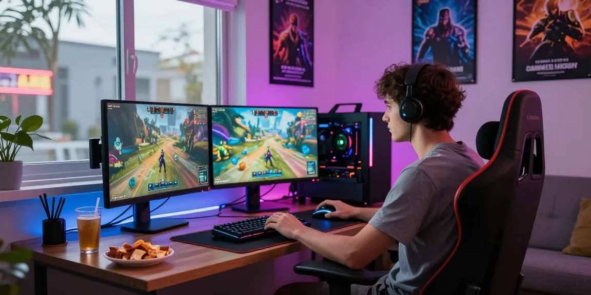 Benihtoto daftar gaming scene with intense player and vibrant game monitors