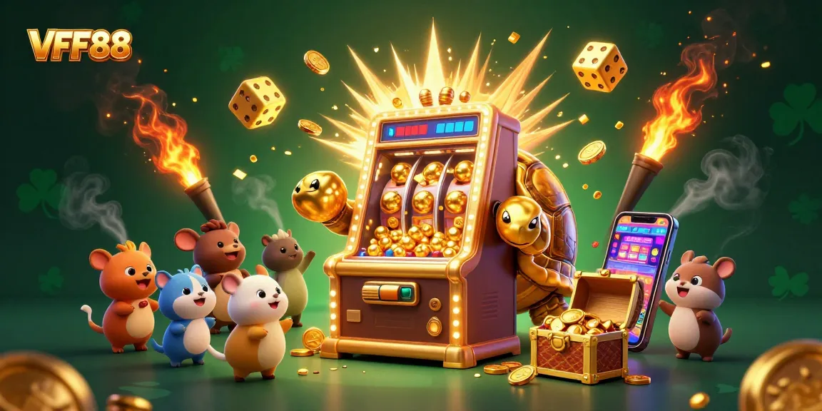 Experience the thrill of VFF88 with a vibrant slot machine and golden tortoise in action.