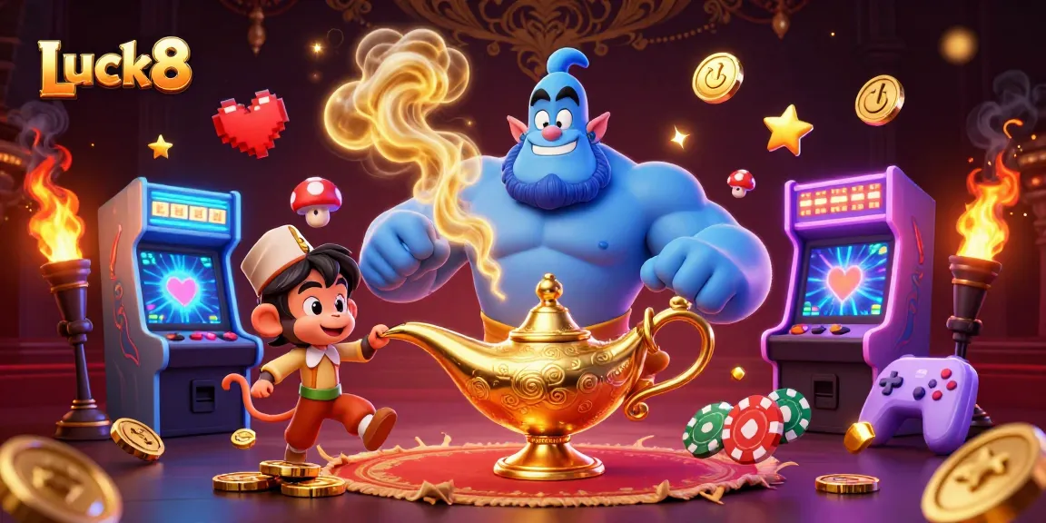 Engage with the vibrant Luck8 casino scene featuring a genie and treasures, experiencing thrilling games.