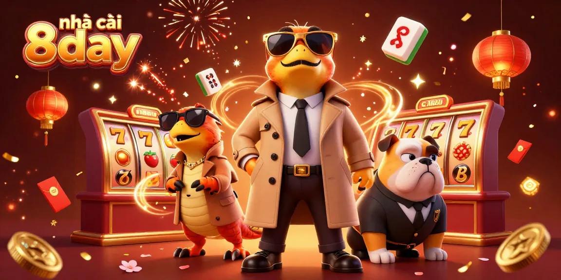 Experience the excitement of nhà cái 8day with raptors entering a vibrant casino atmosphere bustling with slot reels and confetti.