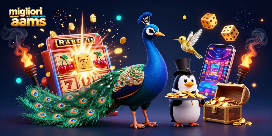 I migliori siti scommesse non AAMS presentano una scena dinamica di un piccione maggiordomo e un pavone aristocratico circondati da jackpot e giochi d’azzardo.