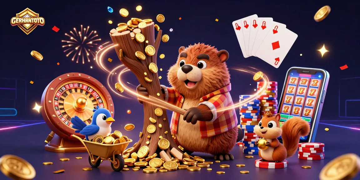 Permainan GERHANATOTO dengan beaver, burung, dan tupai mengumpulkan koin emas saat jackpot.