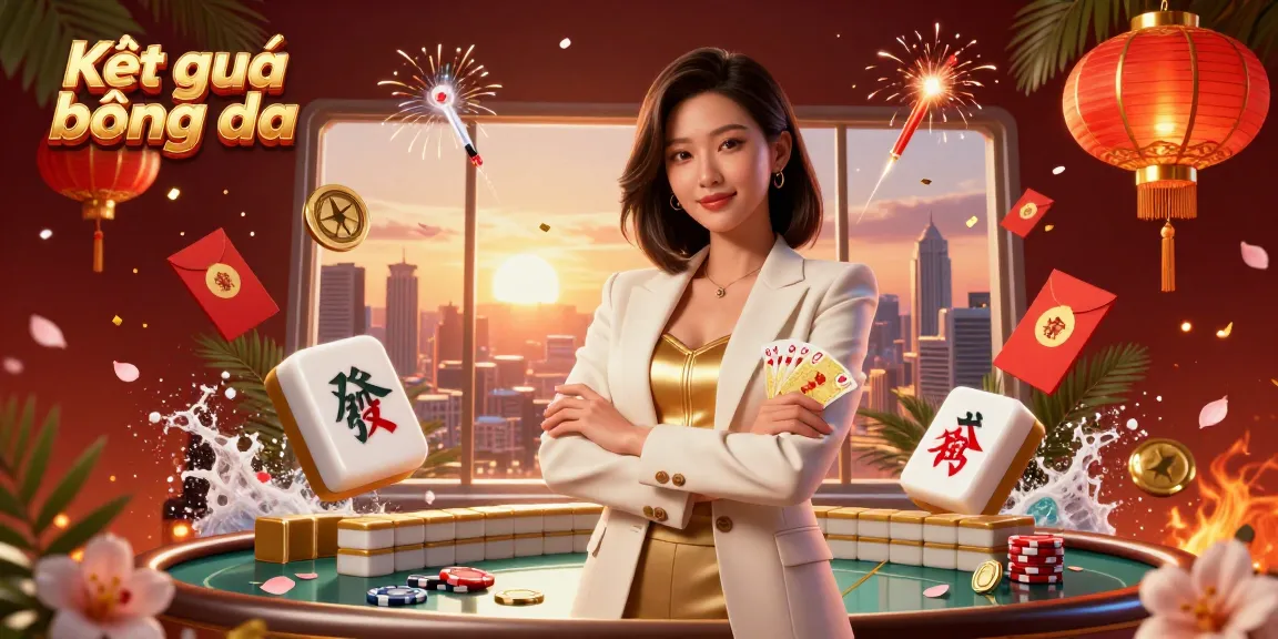 Experience Kết quả bóng đá in this dynamic 3D illustration featuring an elegant businesswoman with poker cards and vibrant game elements.