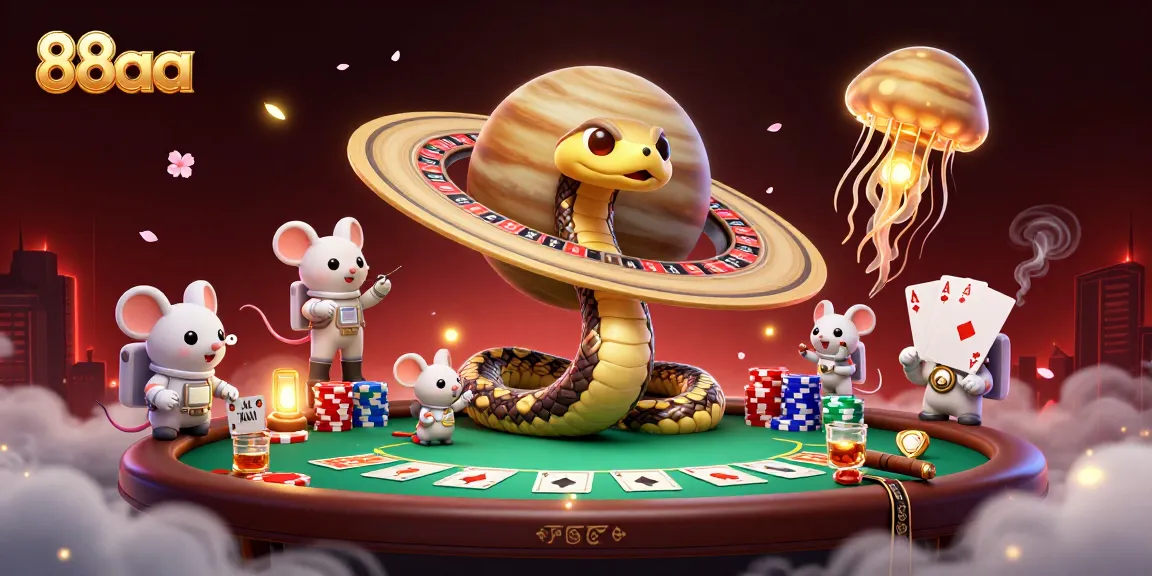 Bet on 88aa's thrilling cosmic casino scene with vibrant characters and gambling elements.