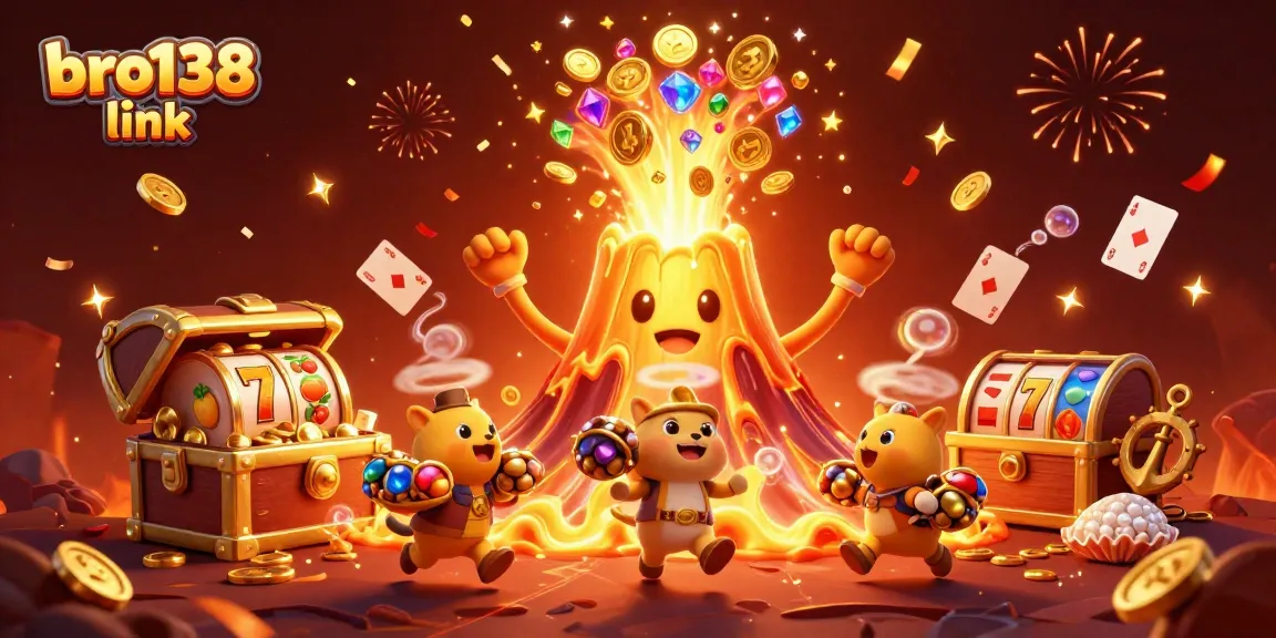 Spin to win with vibrant bro138 link showcasing a golden volcano erupting with treasure, glorious casino elements!