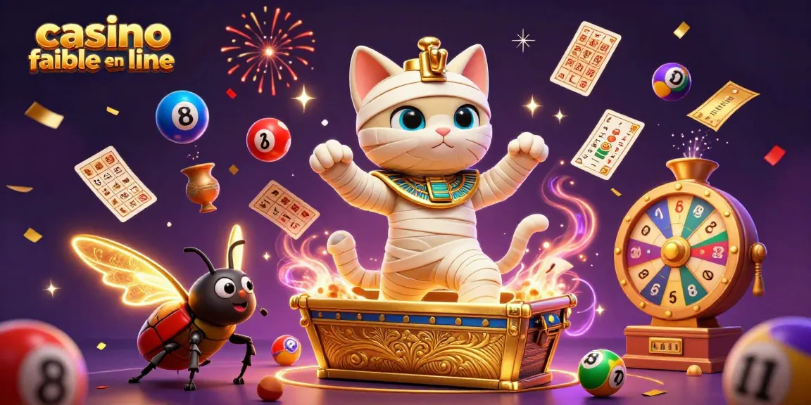 Découvrez un casino fiable en ligne avec un chat momie égyptien et un scarabée doré dans un décor de pyramide.
