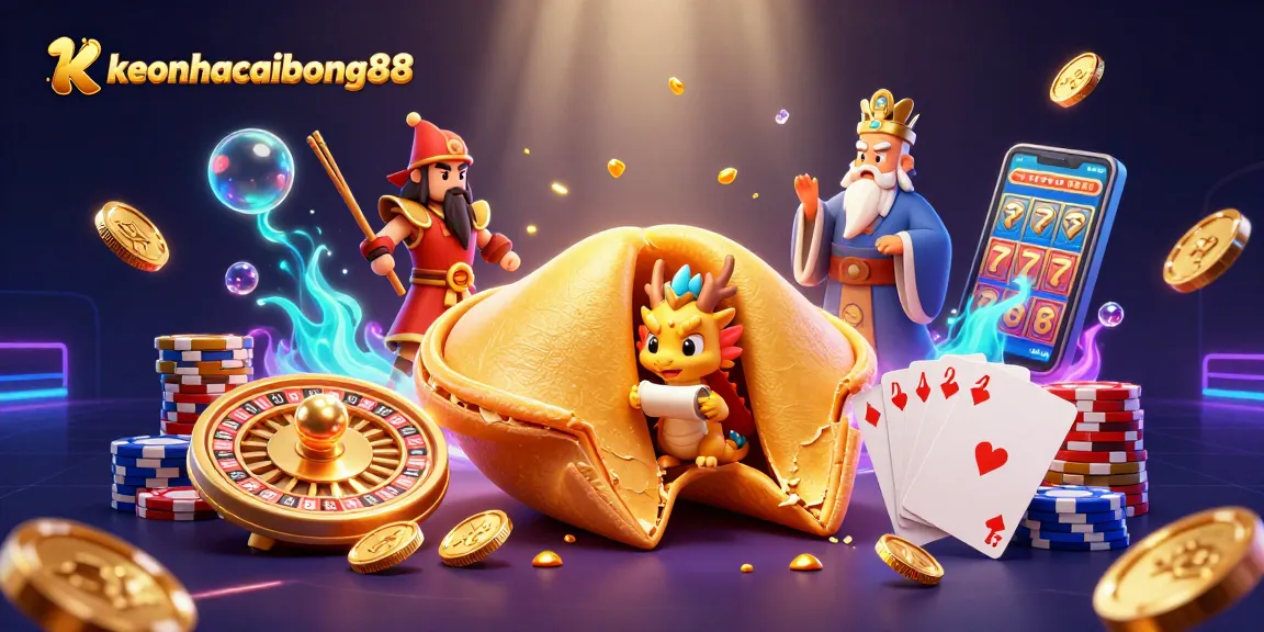 Experience keonhacaibong88 with a vibrant casino scene filled with golden fortune, dragons, and games.