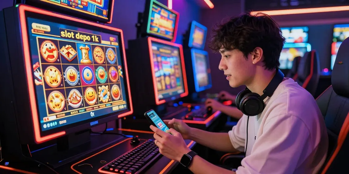 Player enjoying a vibrant online slot game with 'slot depo 1k' feature, showcasing excitement and gaming atmosphere.