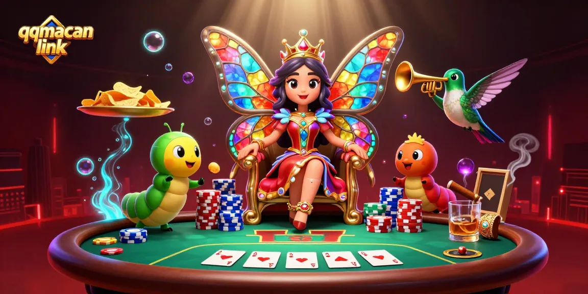 Experience the excitement of qqmacan link with vibrant casino-themed 3D illustration featuring poker elements and characters.