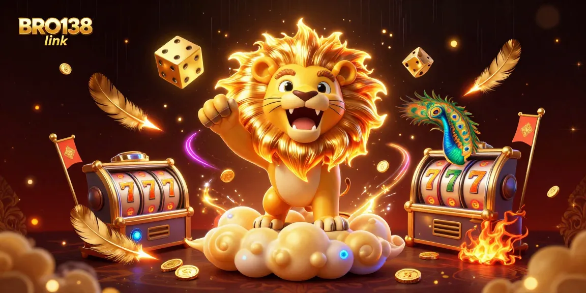 Spin with excitement at BRO138 link featuring vibrant 3D imagery of a roaring lion amidst golden slot elements.