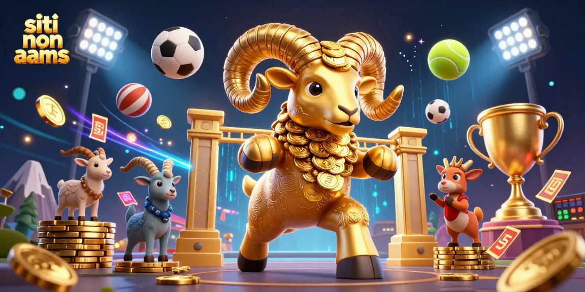 Scommetti su siti non AAMS: illustrazione 3D con un ariete d'oro tra elementi sportivi e decorazioni vivaci
