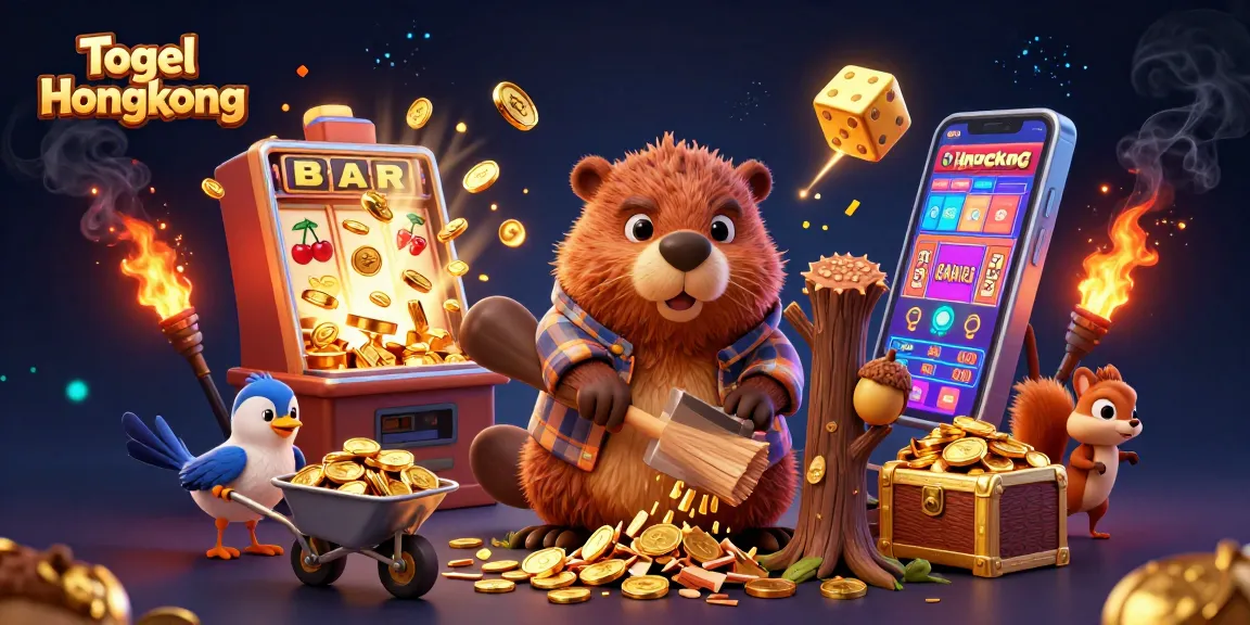 Engage in Togel Hongkong as a beaver evokes fortune, surrounded by vibrant casino elements.