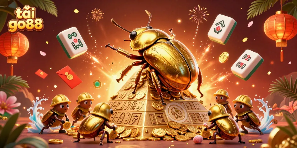 Experience the thrill of tải go88 with a dynamic scene of golden beetles and casino elements.