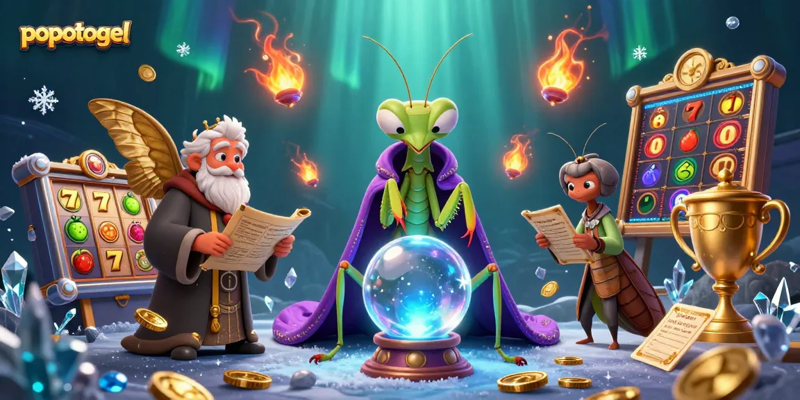 Engage with popotogel in a vibrant 3D illustration featuring a fortune teller, wise librarian, and thrilling slot elements.