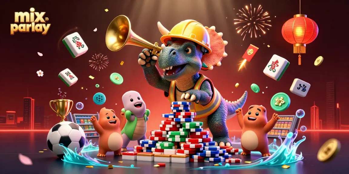 Bet on mix parlay with a joyful triceratops and celebrating characters in a dazzling casino illustration.