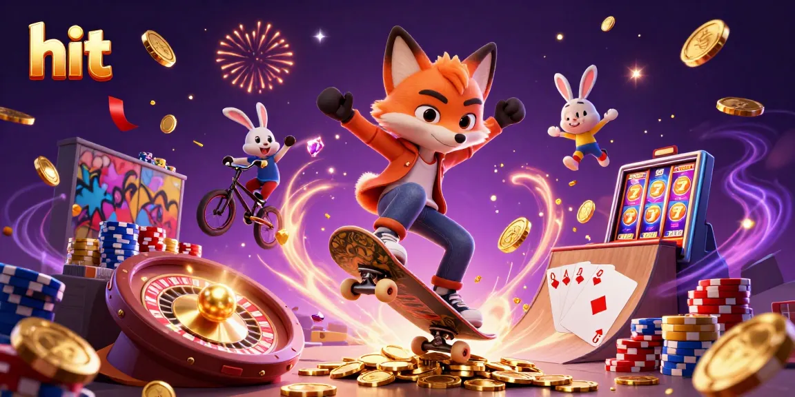Hit the jackpot with a skateboarder fox and BMX rabbit in a vibrant casino-themed scene.